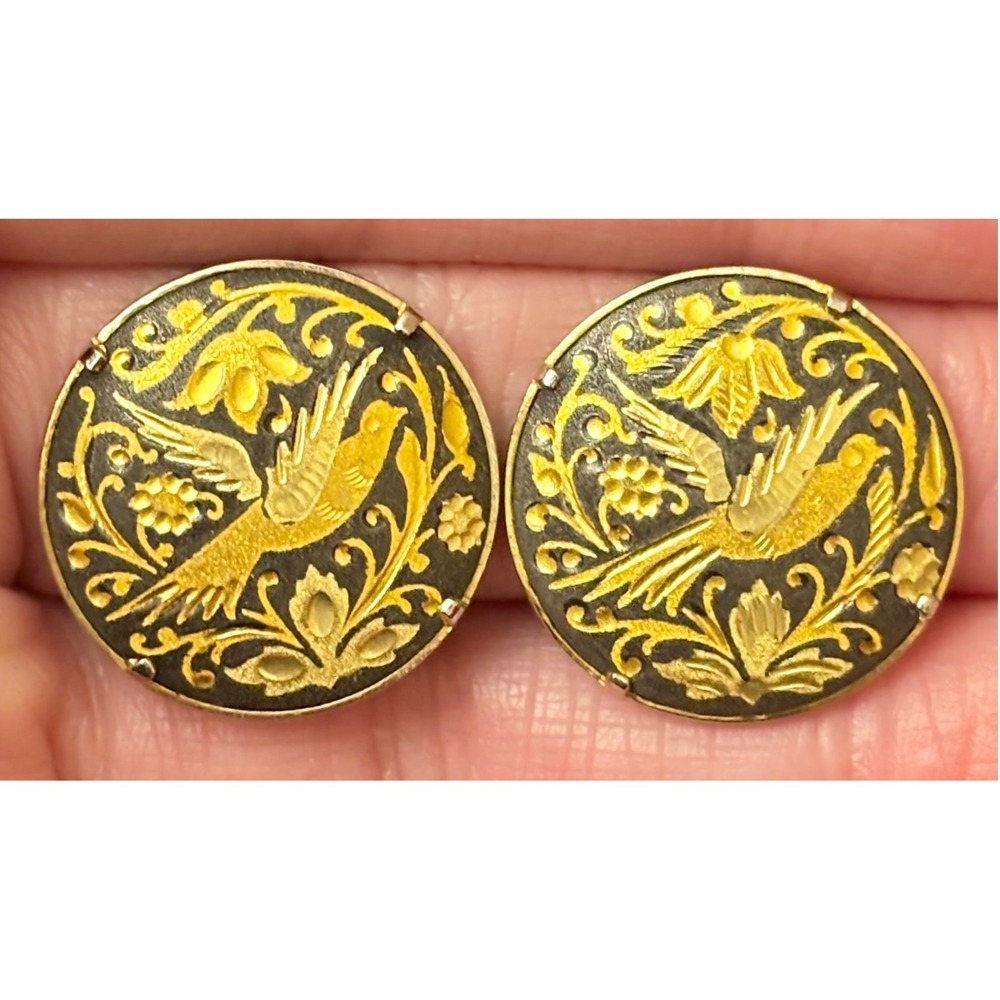 Vintage Damascene Spanish Toledo Bird Clip On Earrings Round Black Gold Tone